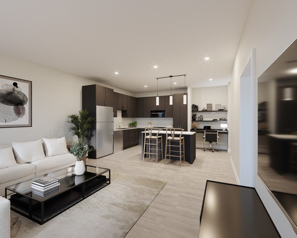 A modern living room with a glass coffee table and a white sofa.