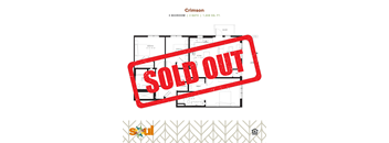 a red sold out sign in front of a house with a sold out symbol