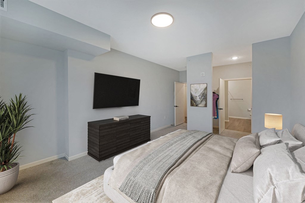 a master bedroom with a large bed and a television