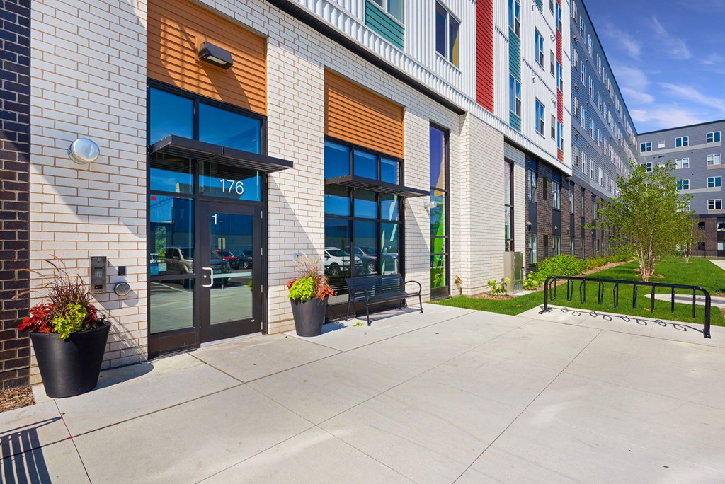 new building with entrance and patio in the city stock photography