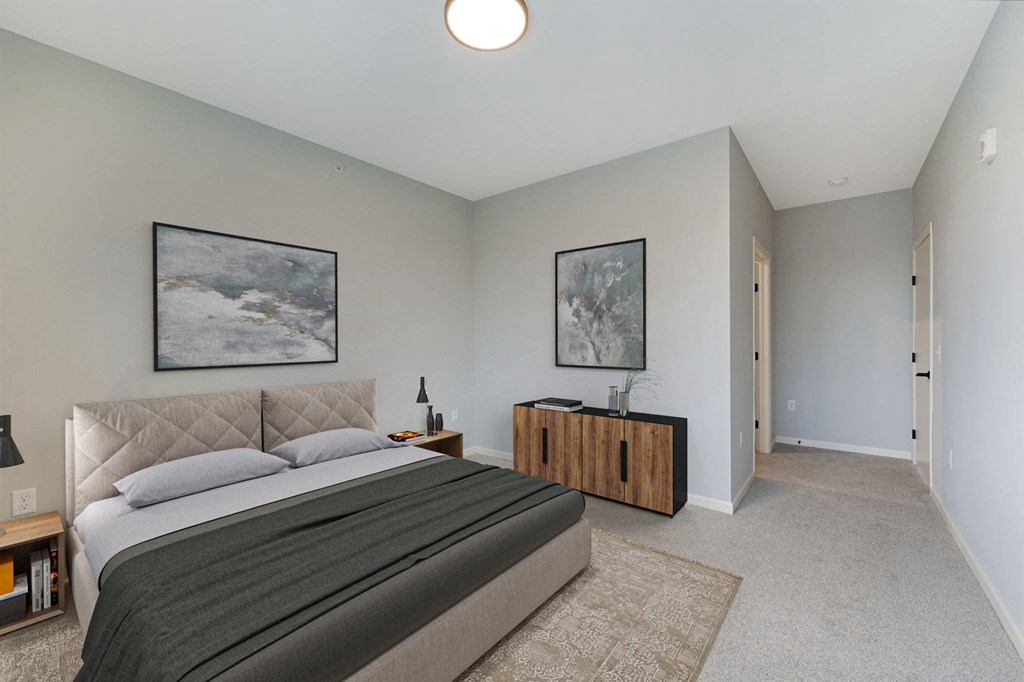 a master bedroom with a bed and a closet