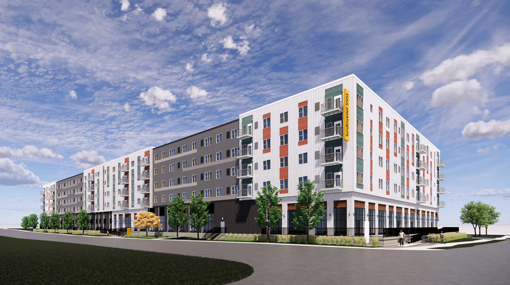 a rendering of an apartment building on a city street