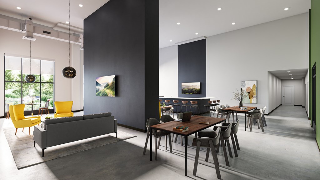 a living room and dining room with tables and chairs