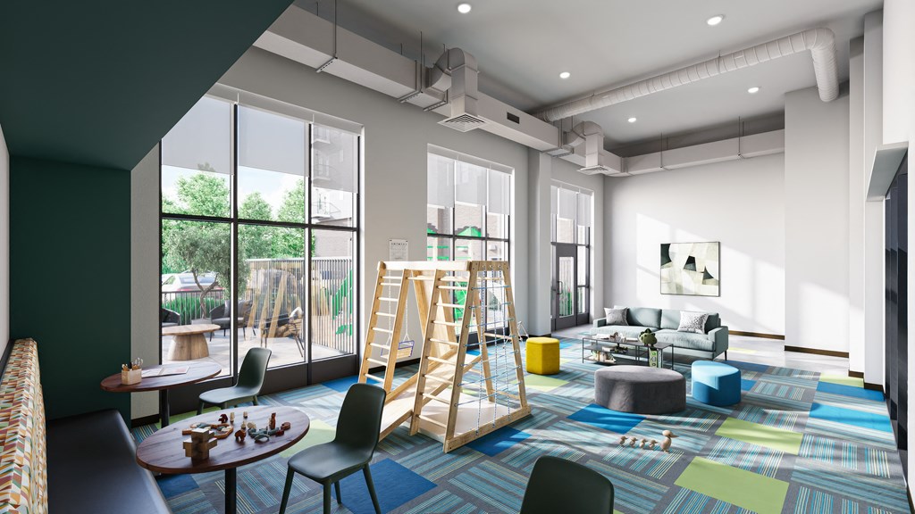 a living room filled with furniture and large windows