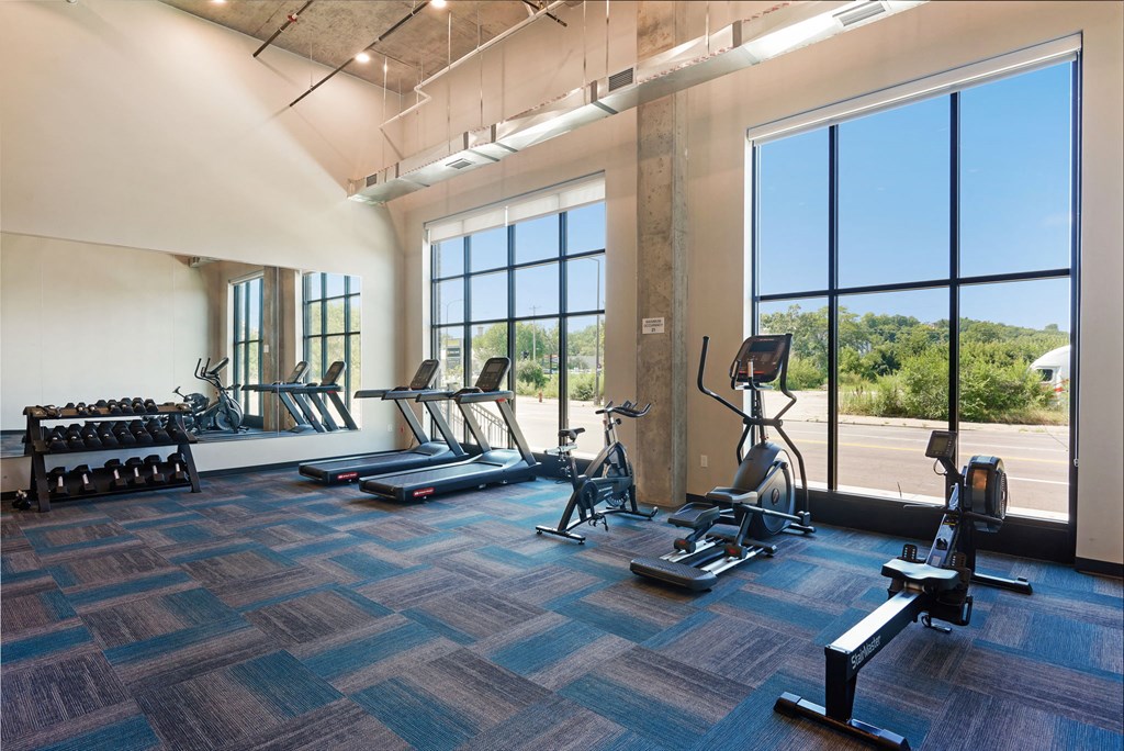 a gym with cardio equipment and windows at the district at highland village apartments