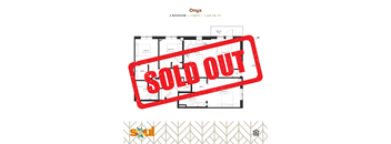 a red sold out sign over a blueprint of a house with a sold out symbol