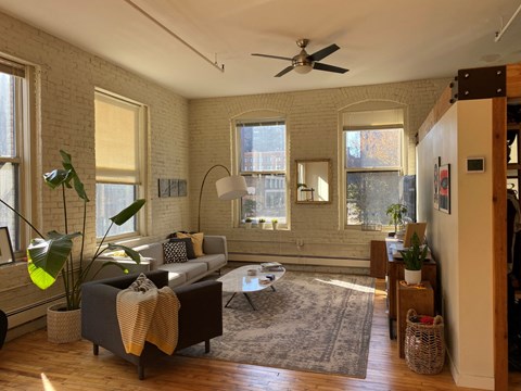 living room with windows and ceiling fan