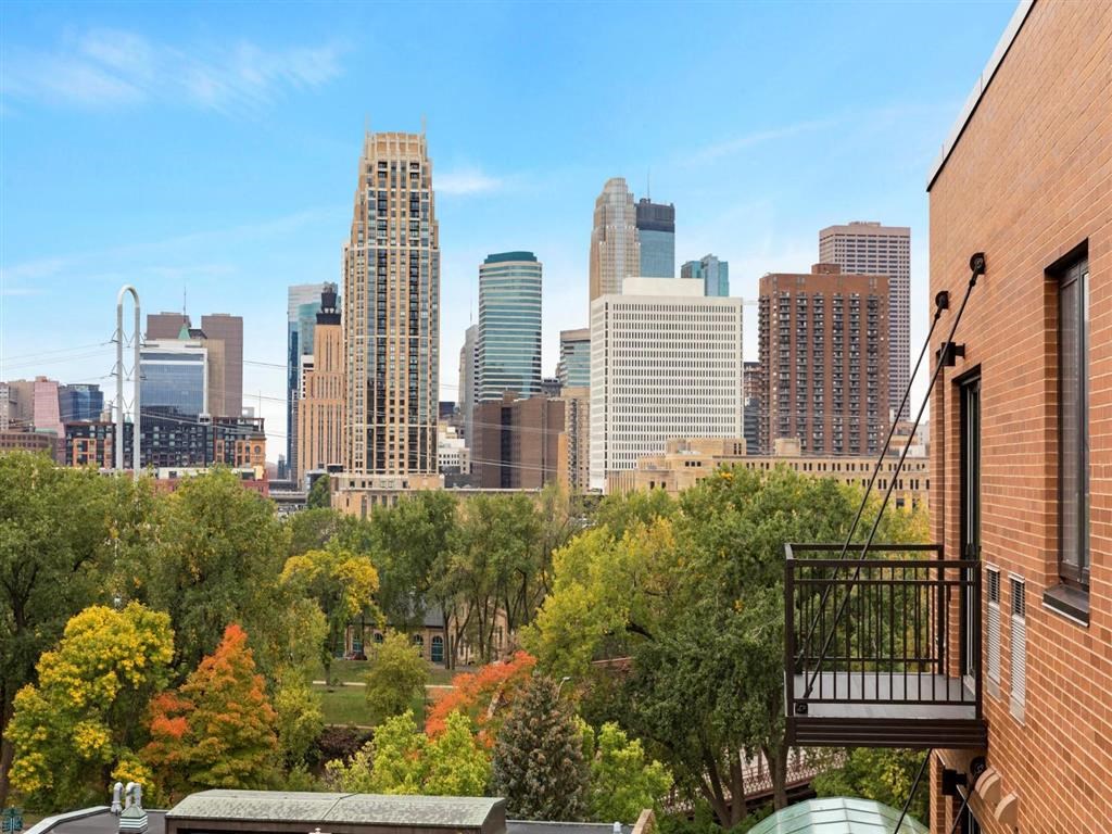 view of Minneapolis skyline from balcony