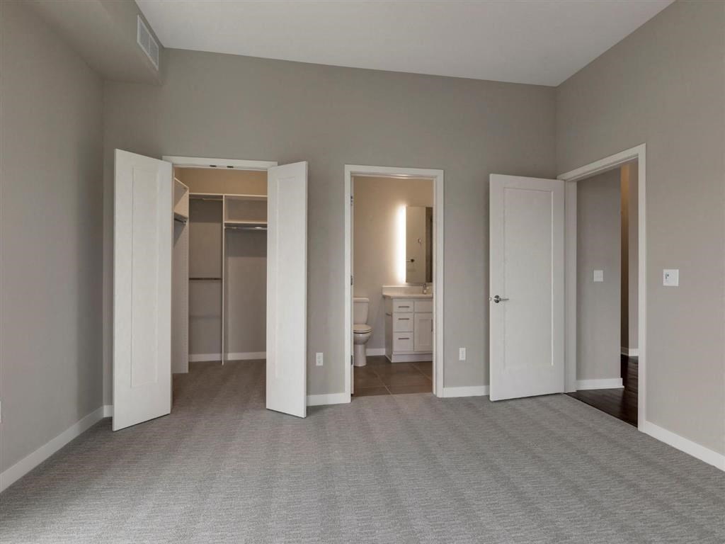 primary bedroom with walk in closet and attached bathroom