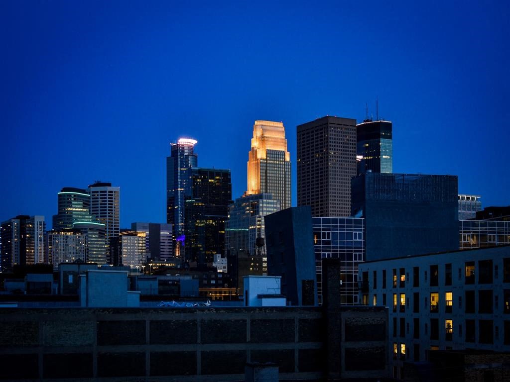 Minneapolis skyline lit up at night