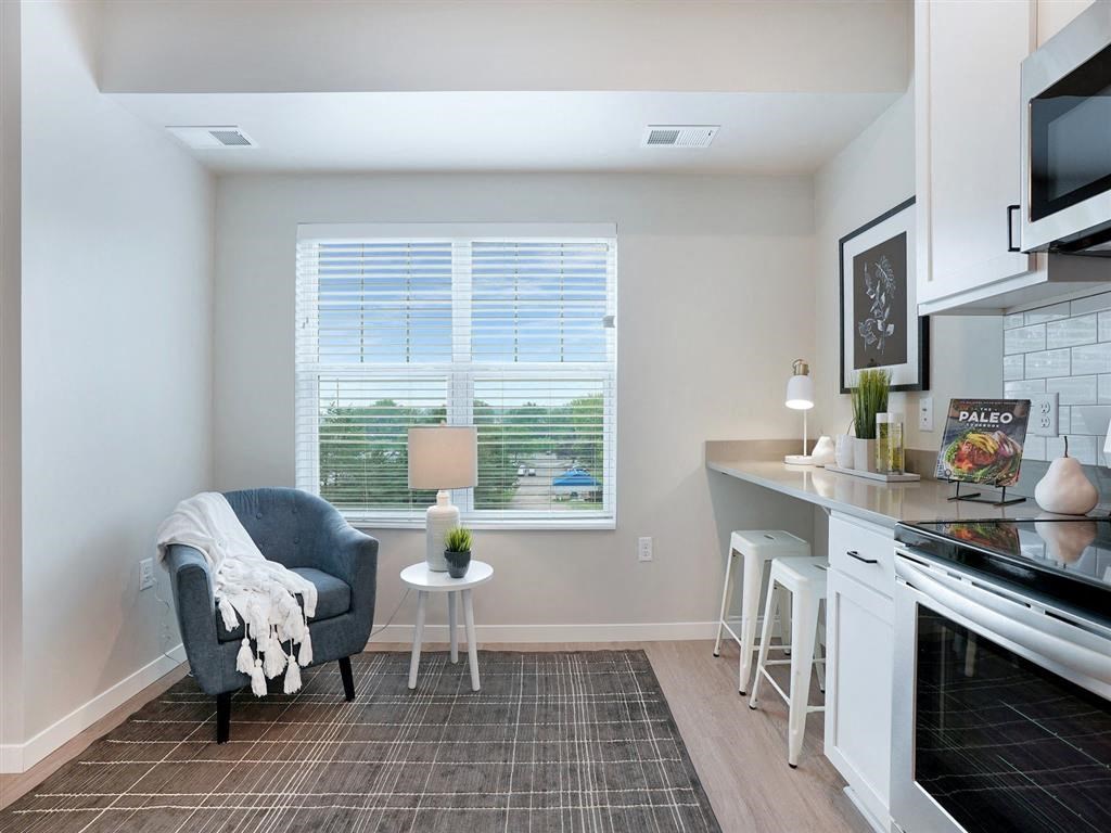 built-in desk work from home space in studio apartment