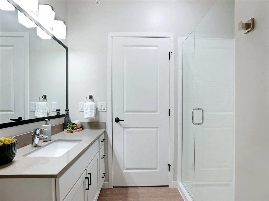 bathroom with vanity and shower