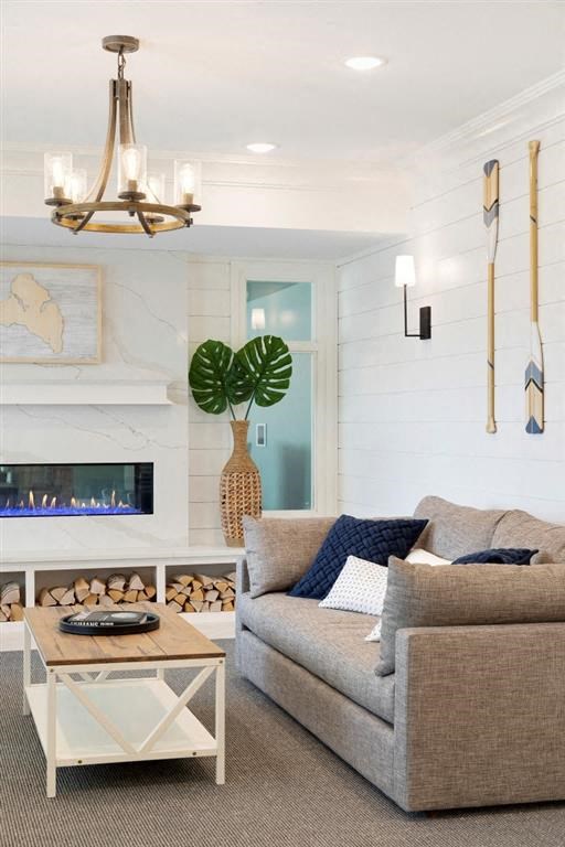 Couch and fireplace in lobby