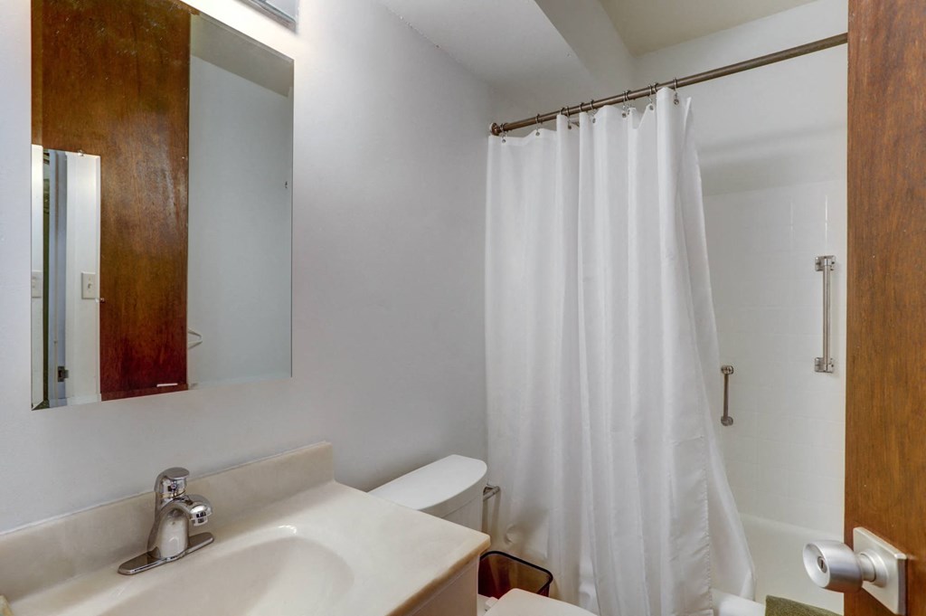 a bathroom with a shower and a sink and a mirror