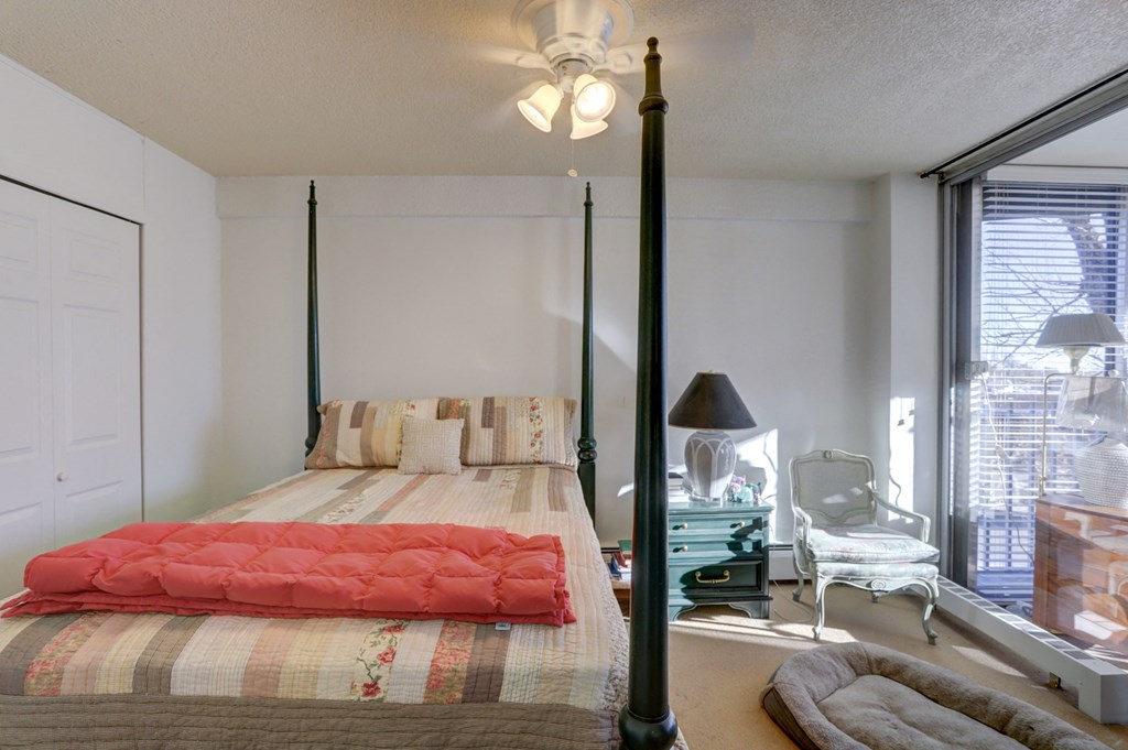 a bedroom with a bed and a large window