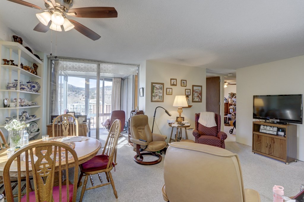a living room and dining room with a tv and a table and chairs