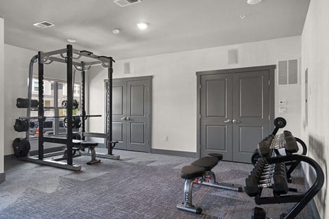 A home gym with a squat rack, bench, and weights.