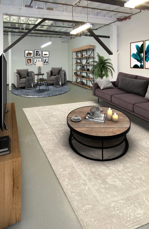 A living room with a grey couch and a coffee table.
