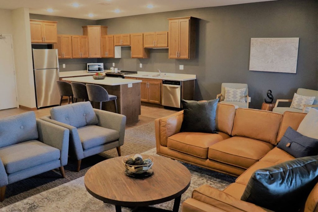 Living Area With Kitchen at Rivers Edge Apartments, Otsego, MN