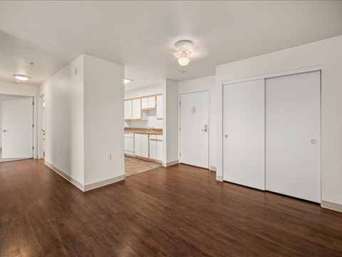 A room with white walls and wooden floors.
