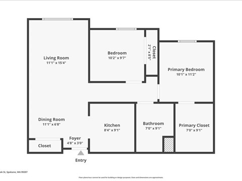 A floor plan of a home with a living room, dining room, kitchen, bathroom, and two bedrooms.