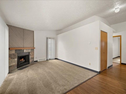 A living room with a fireplace and a rug on the floor.