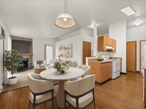 Staged dining/living/kitchen, unit style 2B