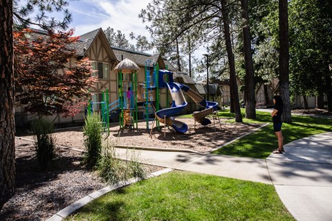 A playground with a blue slide and a green swing set.