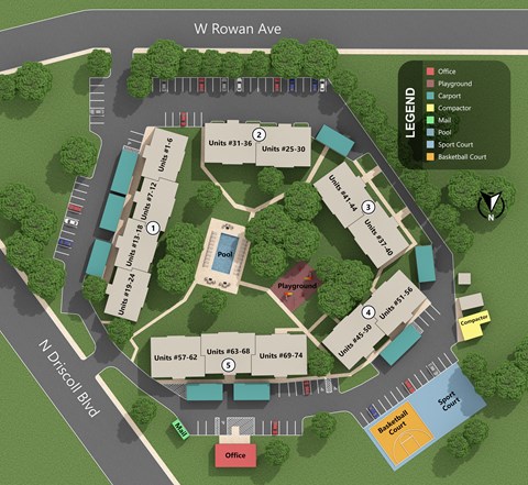 A map of a school campus with buildings, roads, and a playground.