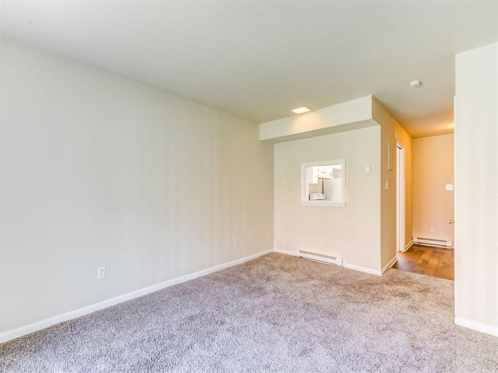 a living room with carpet and a white wall