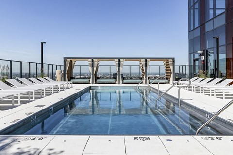 the pool at the top of the building is overlooking the city