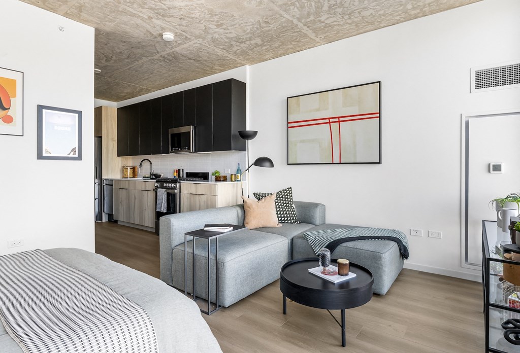 a living room with a couch and a coffee table