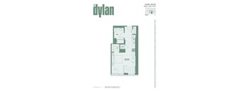 A floor plan of a studio apartment with a kitchen, living room, and bathroom.