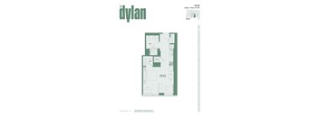 A floor plan for a studio apartment sits on a green background.