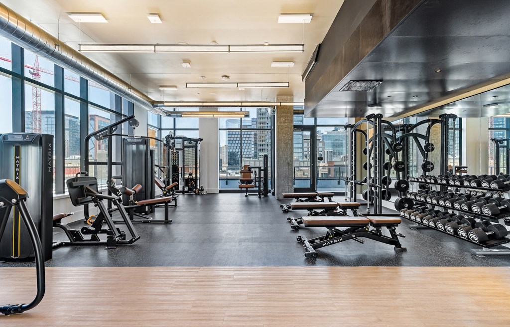 a gym with weights and cardio machines and a view of the city