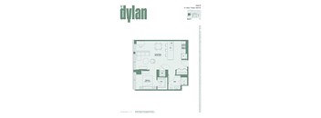 A floor plan of a Dylan unit showing a bedroom, living room, and bathroom.
