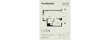 A floor plan for a unit at The Elizabeth shows a living room, dining room, bedroom, and bathroom.