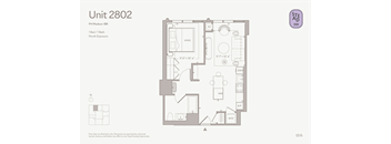 A floor plan for a Phi Medium 18B room with a bed and bath, and a north-facing exposure.