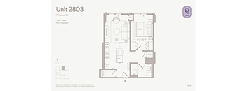 A floor plan for a unit with a bedroom, bathroom, kitchen, and living room.