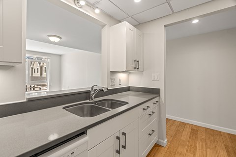 A modern kitchen with a stainless steel sink and white cabinets.