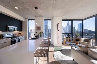 kitchen with floor to ceiling windows