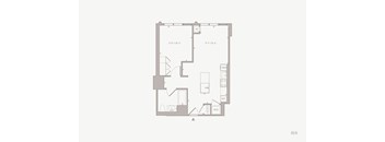 A floor plan of a one bedroom apartment with a kitchen, living room, bedroom, bathroom, and washer & dryer.