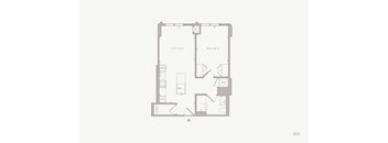 A floor plan of a one bedroom apartment with a kitchen, living room, bedroom, bathroom, and washer & dryer.