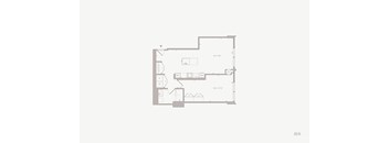 A floor plan of a one bedroom apartment with a kitchen, living room, bedroom, bathroom, and washer & dryer.