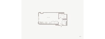 A floor plan of a studio apartment with a full kitchen, bathroom, and in-unit washer & dryer.