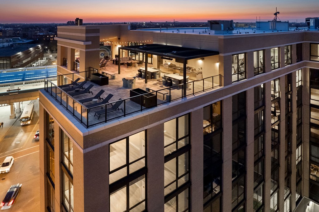 an aerial view of a large building at dusk at Platform 4611, Chicago, 60640