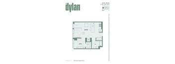 A floor plan for a Dylan apartment shows a living room, a bedroom, a bathroom, and a kitchen.