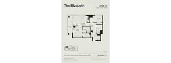 A floor plan for a two bedroom, two bathroom apartment at The Elizabeth Unit 11.