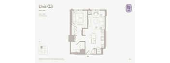 A floor plan of a medium sized apartment with a kitchen, living room, and bathroom.
