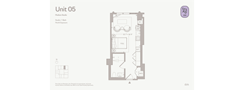 A floor plan for Unit 05, a Medium Studio, shows a layout with a bathroom and kitchen area.